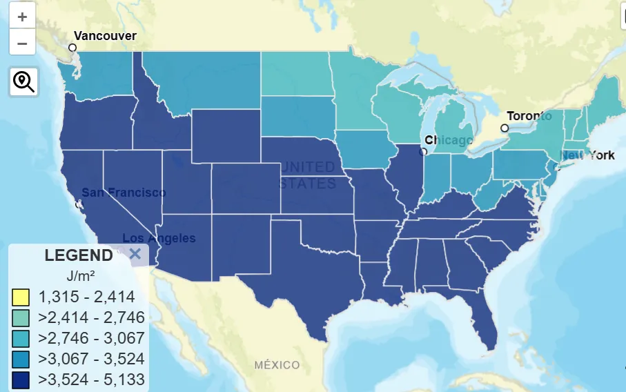 CDC map of average daily ultraviolet light exposure across the United States