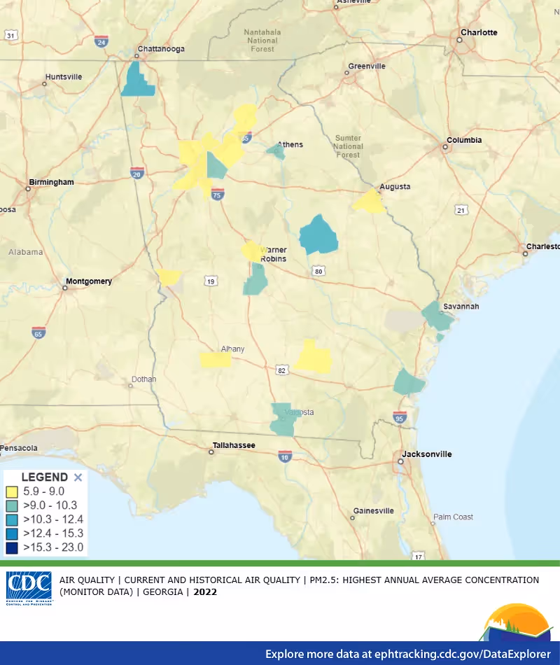 CDC map of PM2.5 air quality readings across Georgia