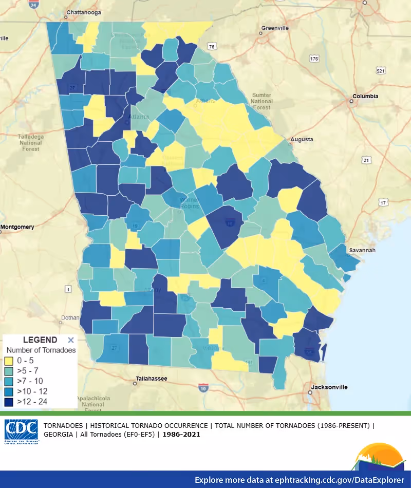 CDC map of historical tornado counts by county across Georgia
