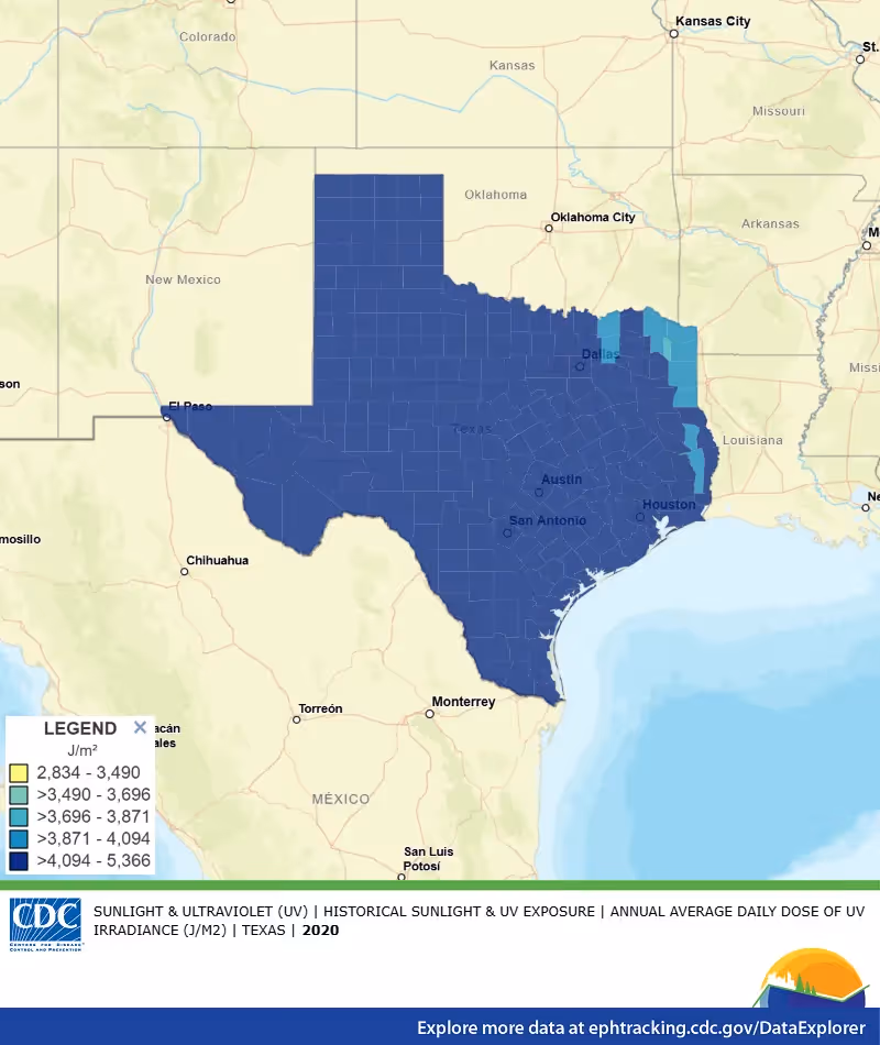 CDC map of average daily ultraviolet light exposure across Texas