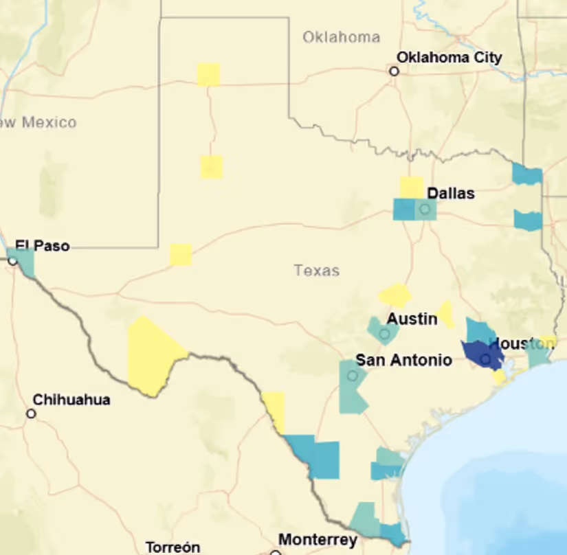 CDC map of PM2.5 air quality readings across Texas
