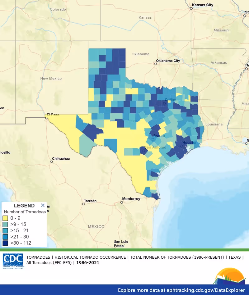 CDC map of historical tornado counts by county across Texas