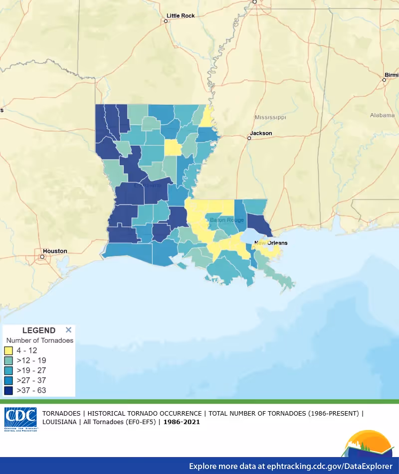 CDC map of historical tornado counts by county across Louisiana