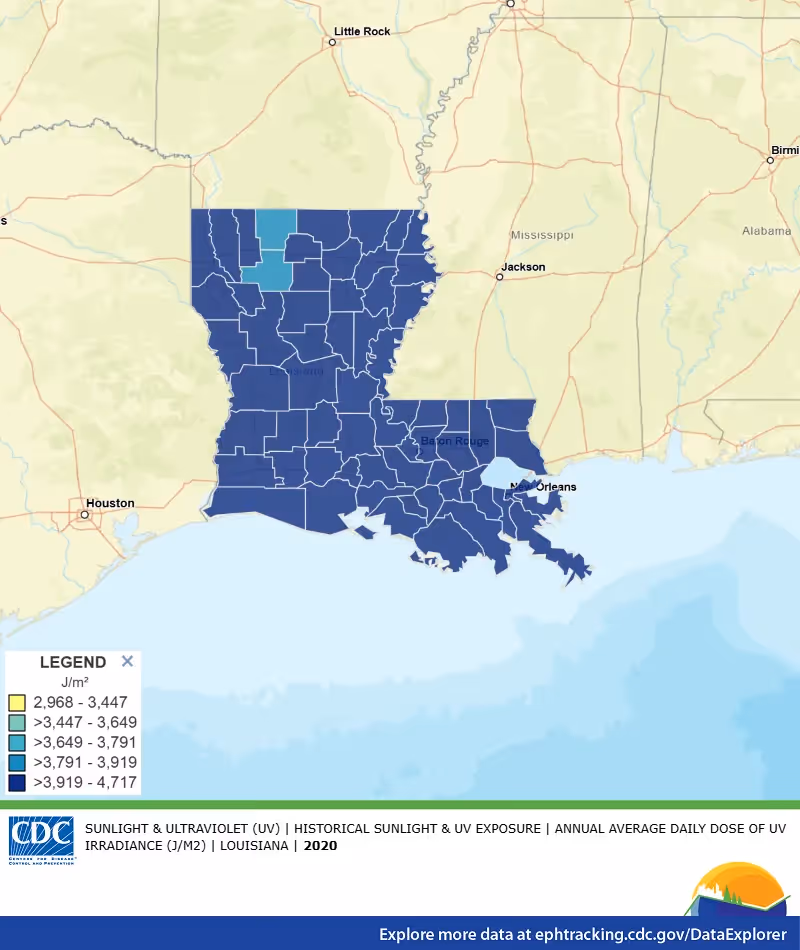 CDC map of average daily ultraviolet light exposure across Louisiana