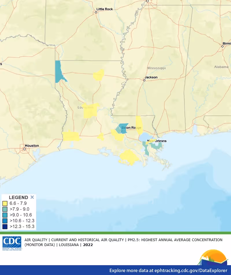 CDC map of PM2.5 air quality readings across Louisiana