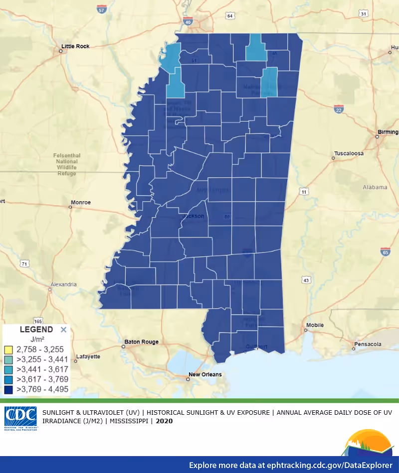CDC map of average daily ultraviolet light exposure across Mississippi