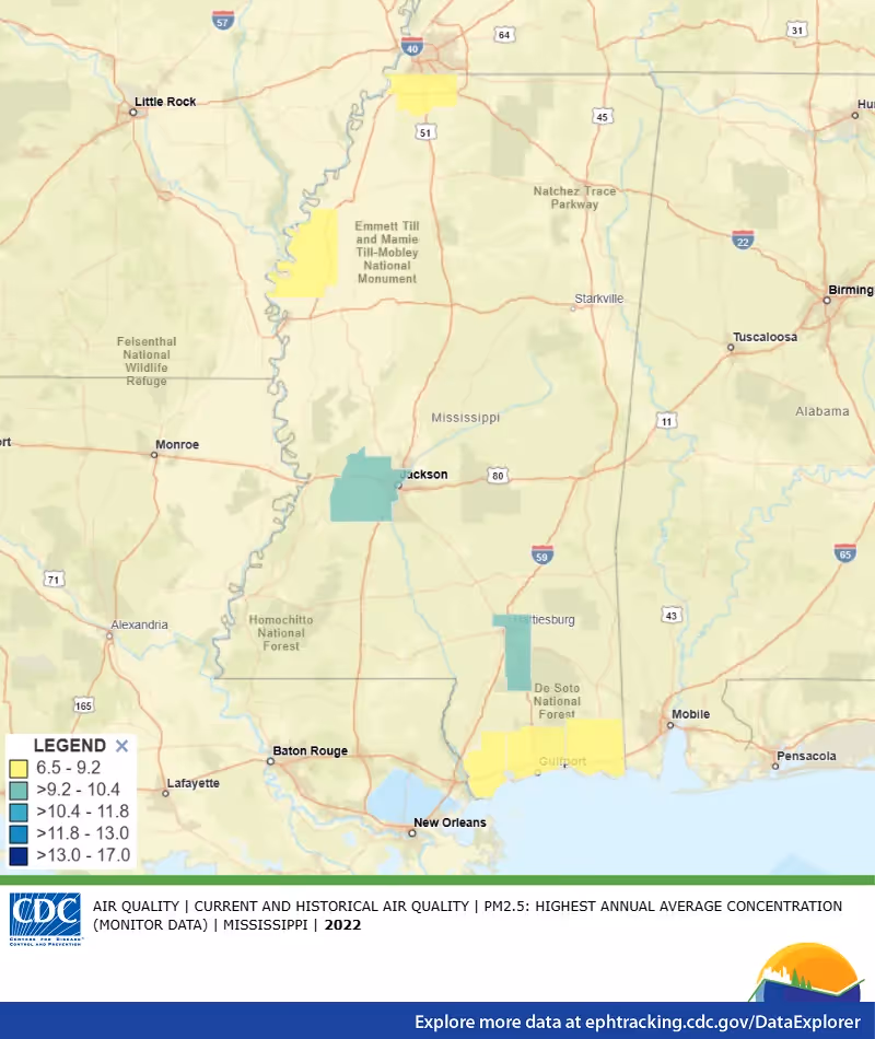 CDC map of PM2.5 air quality readings across Mississippi