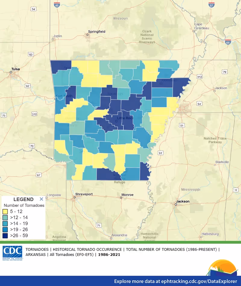 CDC map of historical tornado counts by county across Arkansas