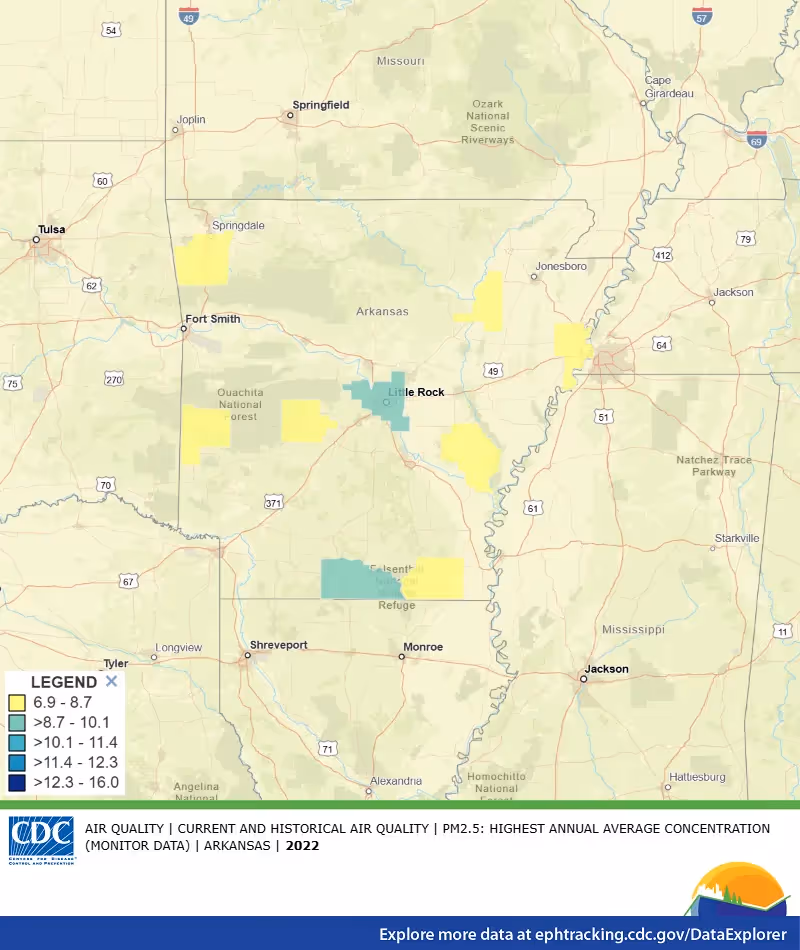 CDC map of PM2.5 air quality readings across Arkansas