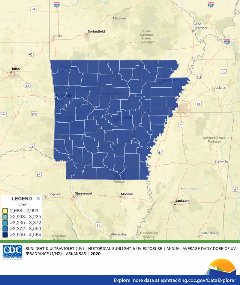 CDC map of average daily ultraviolet light exposure across Arkansas