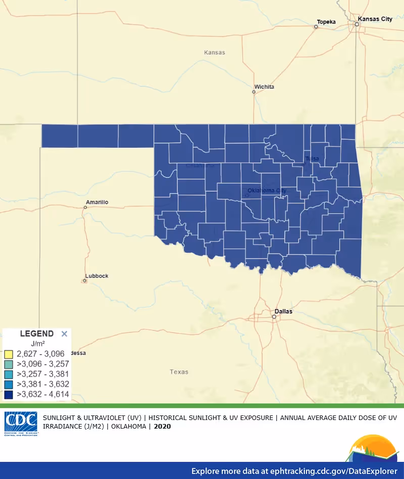 CDC map of average daily ultraviolet light exposure across Oklahoma