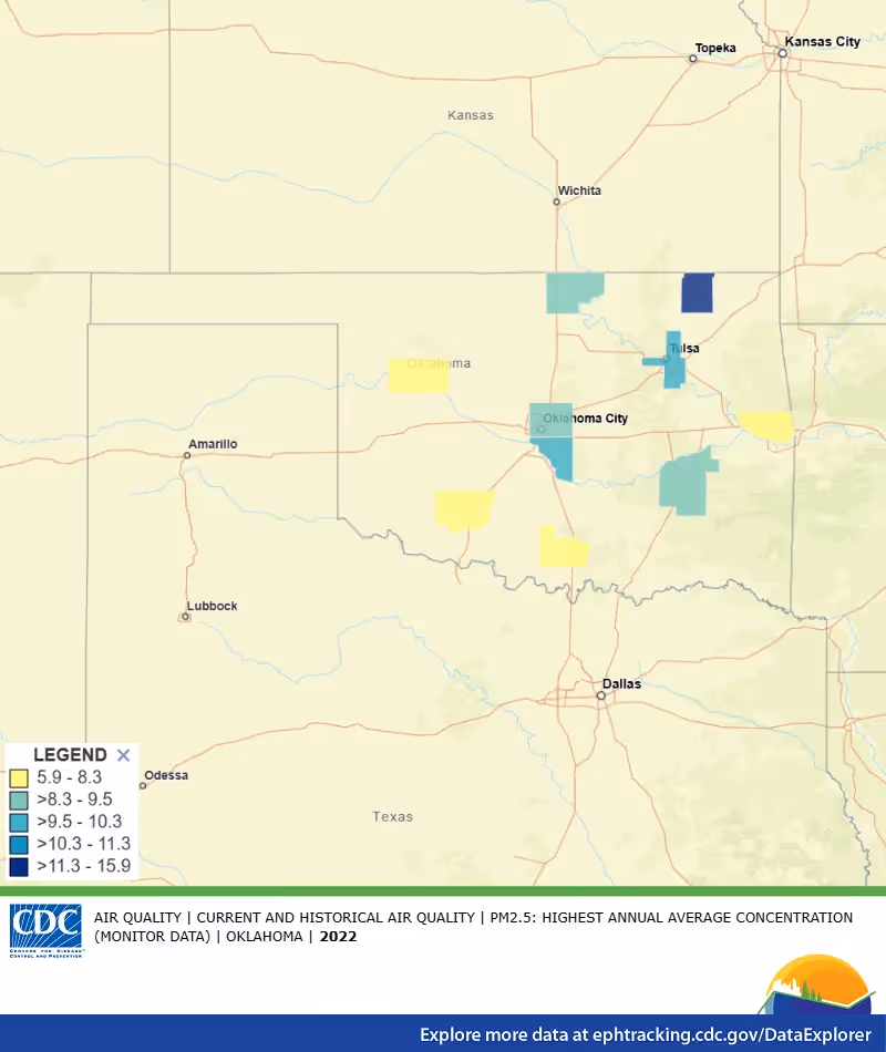 CDC map of PM2.5 air quality readings across Oklahoma