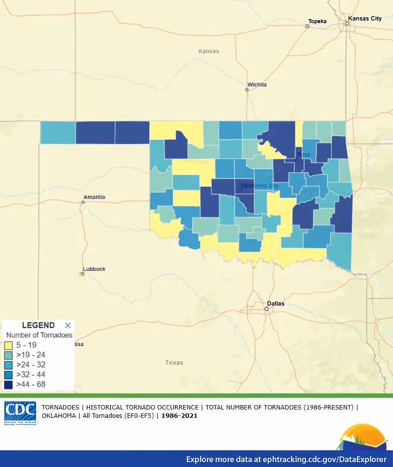 CDC map of historical tornado counts by county across Oklahoma