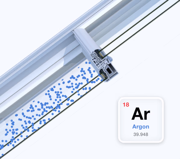 Window cutaway with argon gas illustrated as particles filling the cavity between the panes