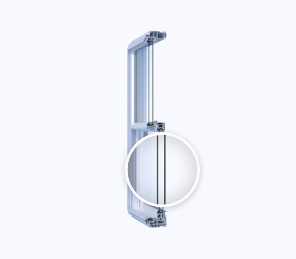 Cutaway of a window frame, magnified on the two panes of glass and the sealed air space between them