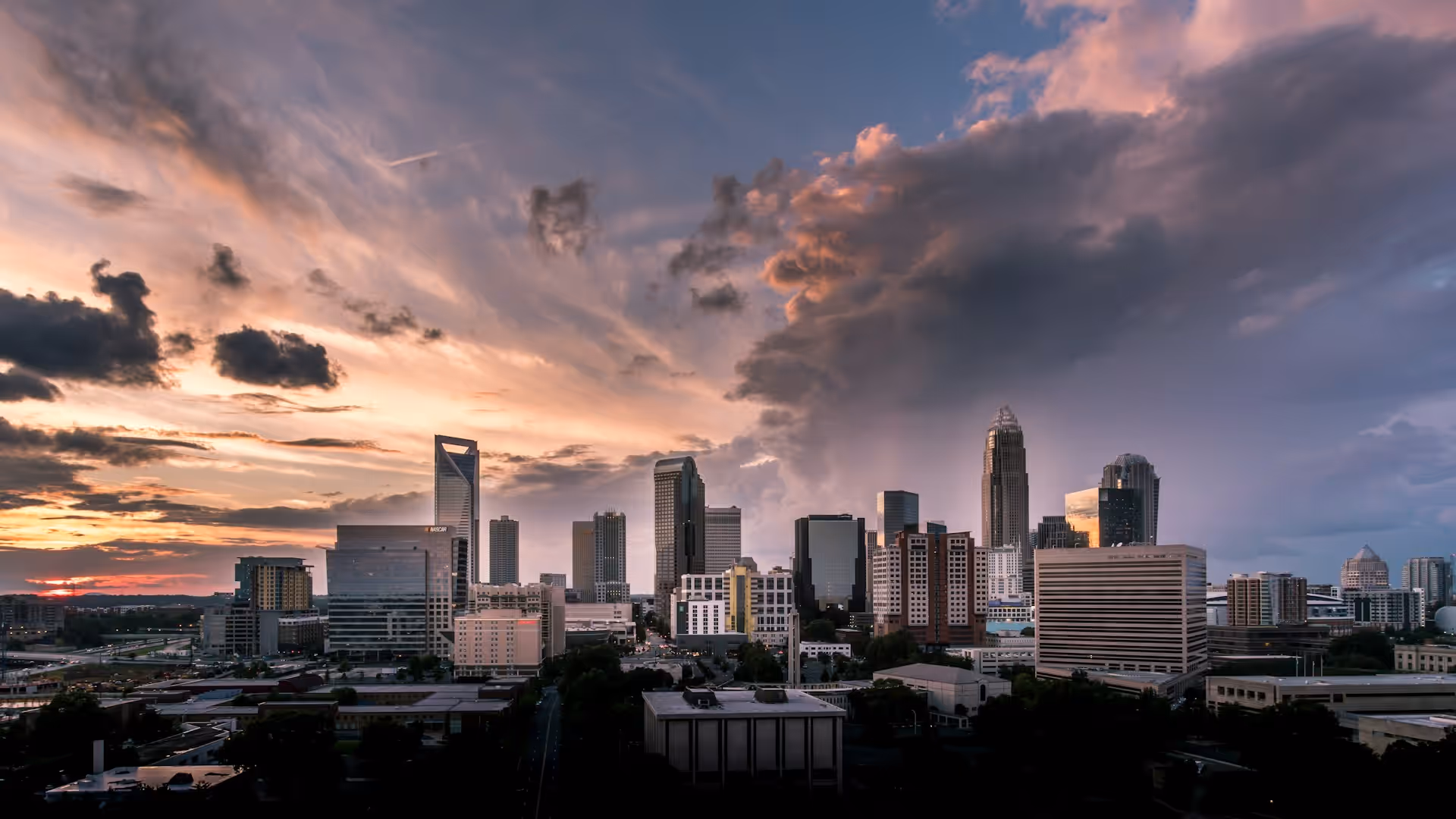 Aerial view of the Charlotte, NC skyline at sunset