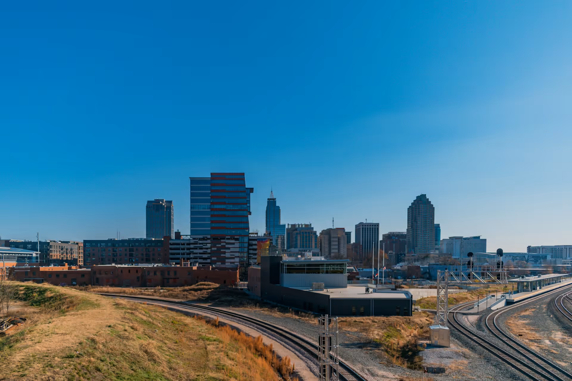Downtown Raleigh, NC skyline seen from Boylan Bridge