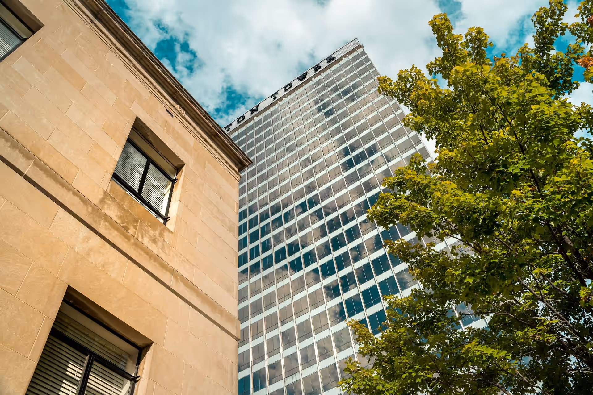 Downtown Winston-Salem, NC building under a blue sky